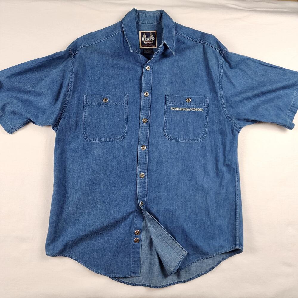 Vtg 1997 Harley Davidson Shirt Mens Large Blue Denim Button Short Sleeve Logo